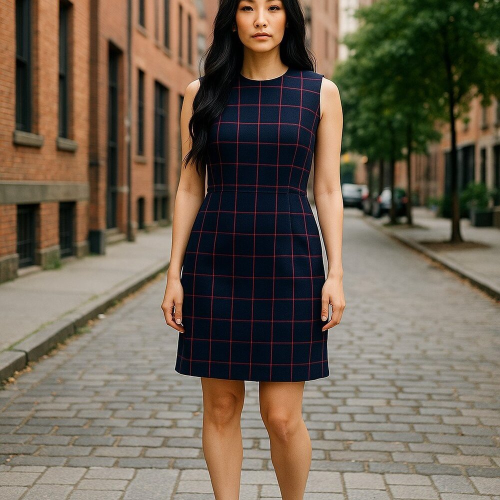 Ann Taylor Size 4 Dress Sleeveless Lined Tailored Plaid Navy Blue Red
